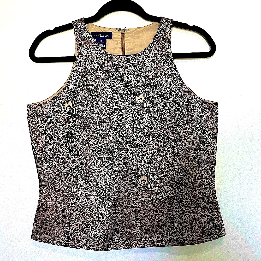 Ann Taylor Womens Tank Sleeveless Size 10 Silk Business Jacquard Vintage Neutral
